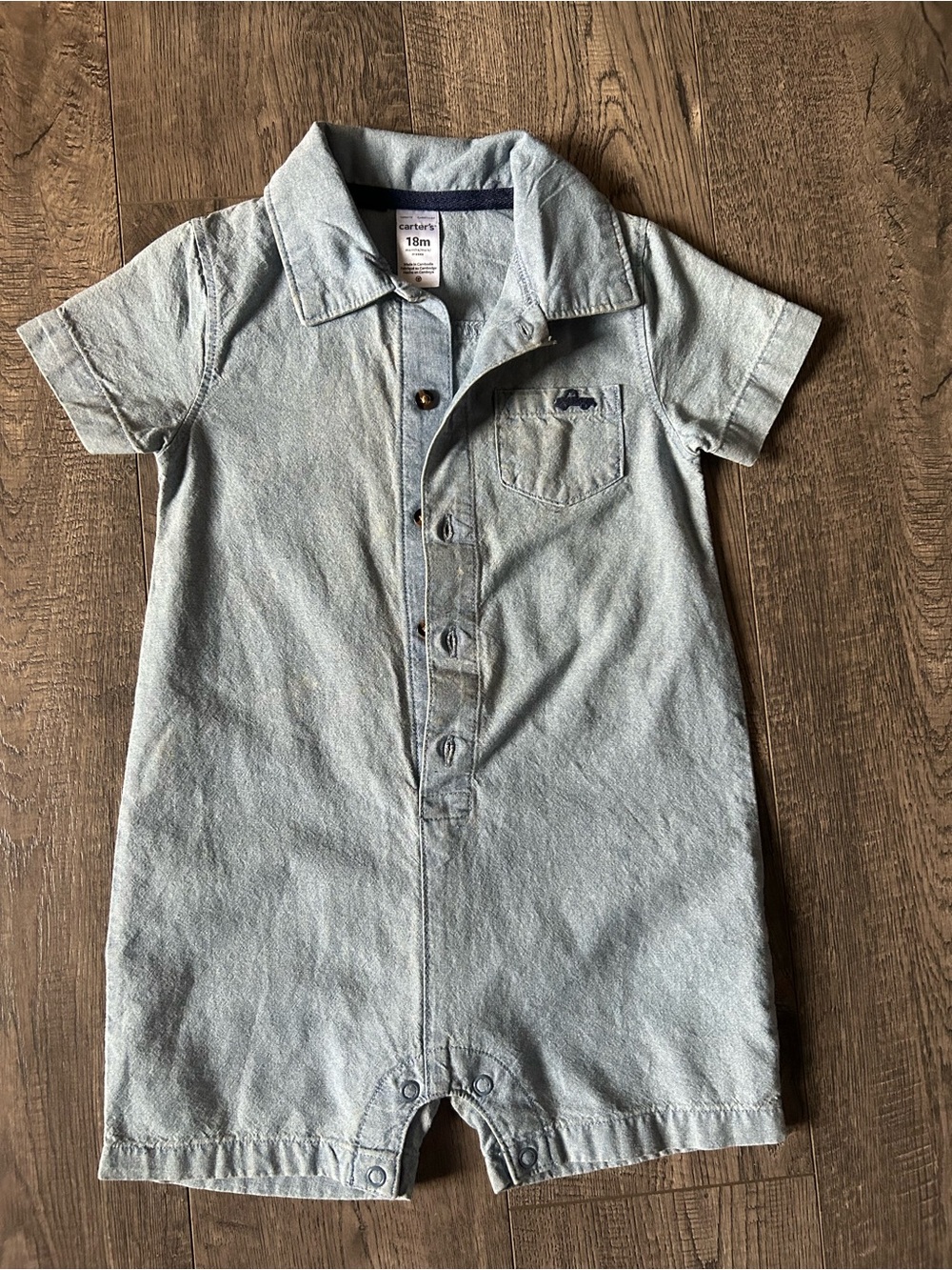 Carter's Light Denim Short Sleeve Button Romper - Light Blue